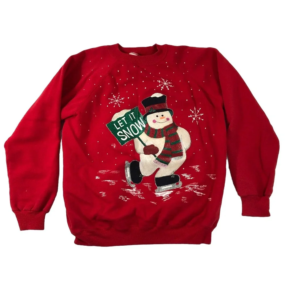Hanes Her Way‎ Sweatshirt Women XL Red White Christmas Snowman 